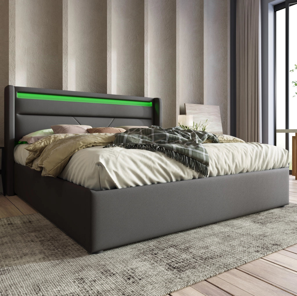 Letto contenitore matrimoniale 160x200 cm con LED; telecomando e rivestimento in PU grigio