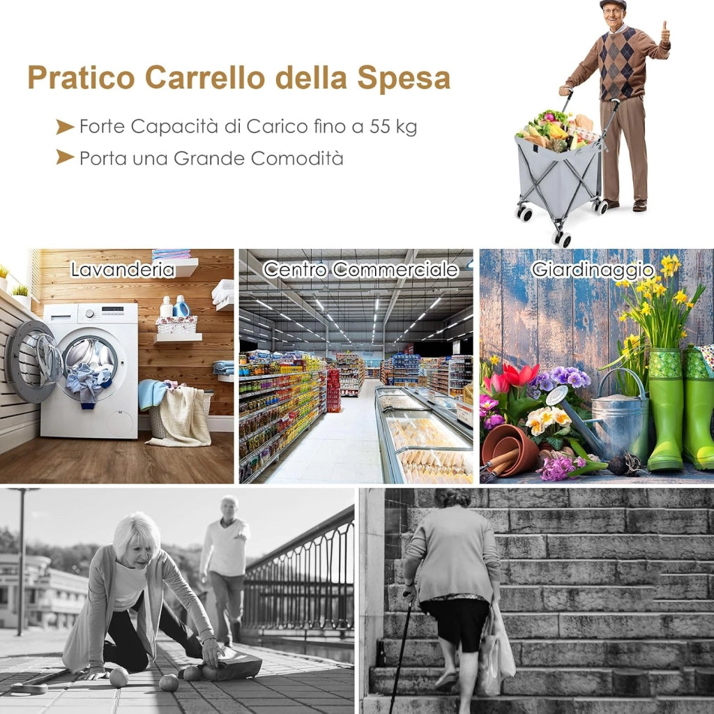 Carrello Spesa Pieghevole con Ruote, Carrello Portaspesa con Fodera in Tessuto Oxford Rimovibile e Impermeabile, 90L, Capacità di peso 55 kg (Grigio)
