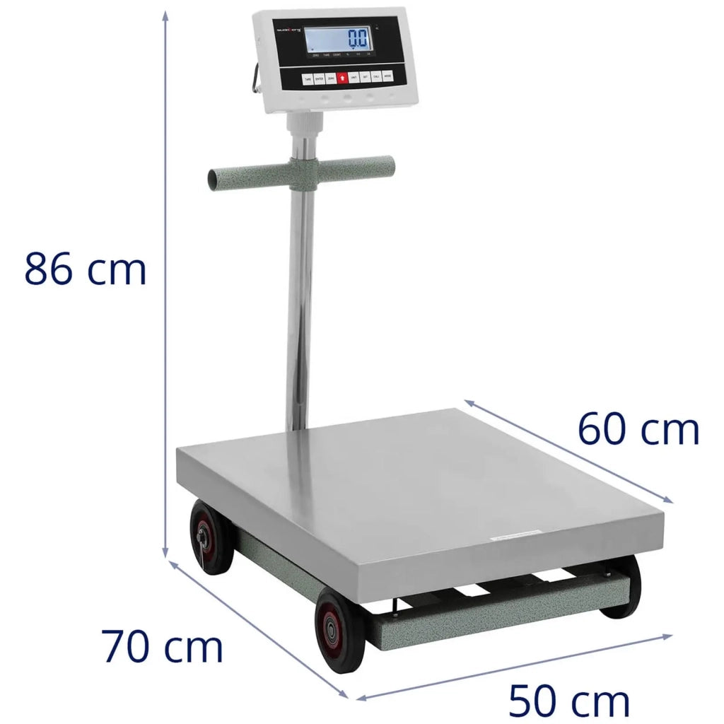 Bilancia a piattaforma professionale industriale peso pacchi 600 kg / 0,1 kg 50 x 60 cm con ruote kg/lb acciaio inox 14_0008372
