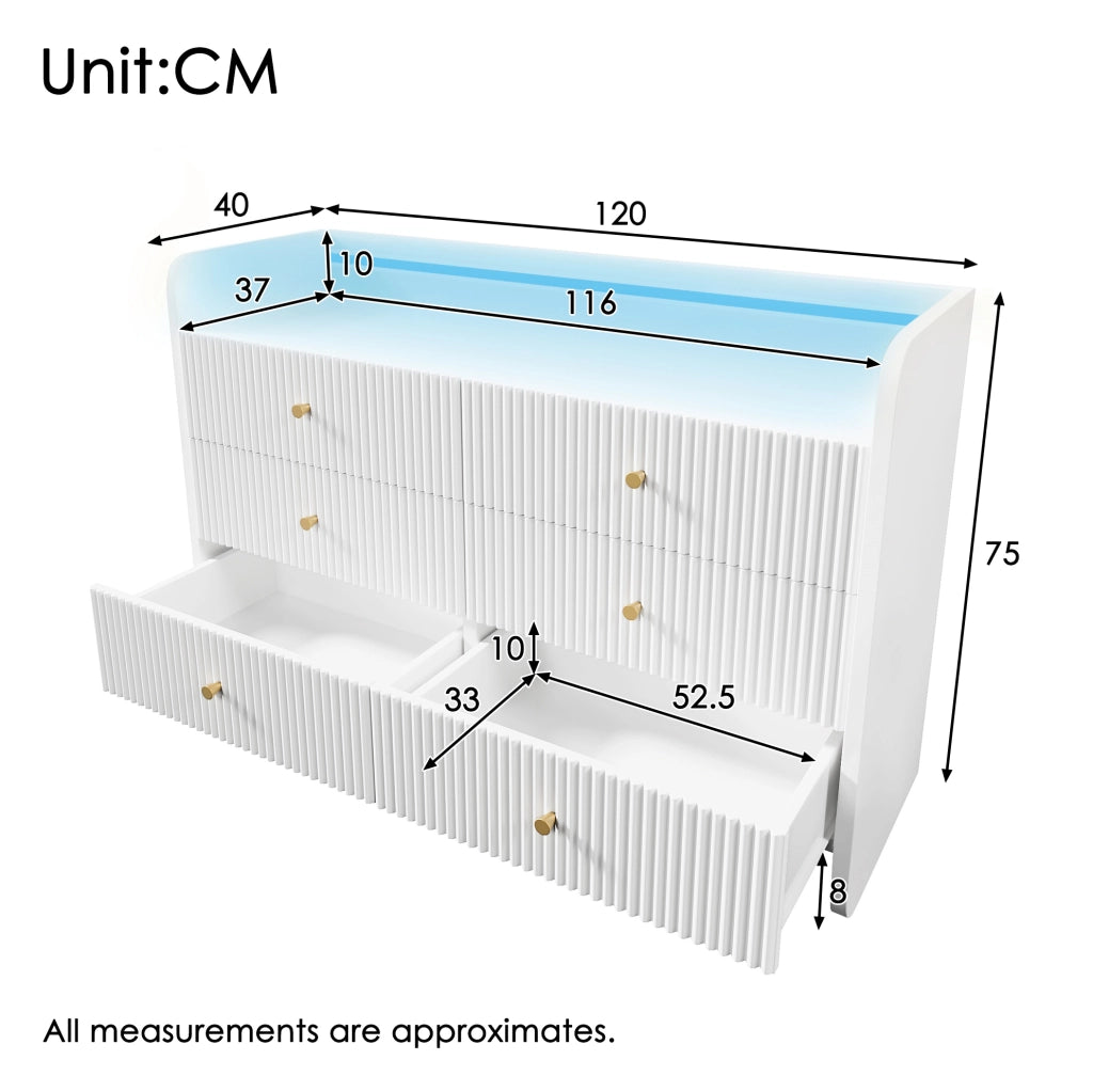 Credenza moderna con LED; 6 cassetti e vano aperto 120x40x75 cm; bianca