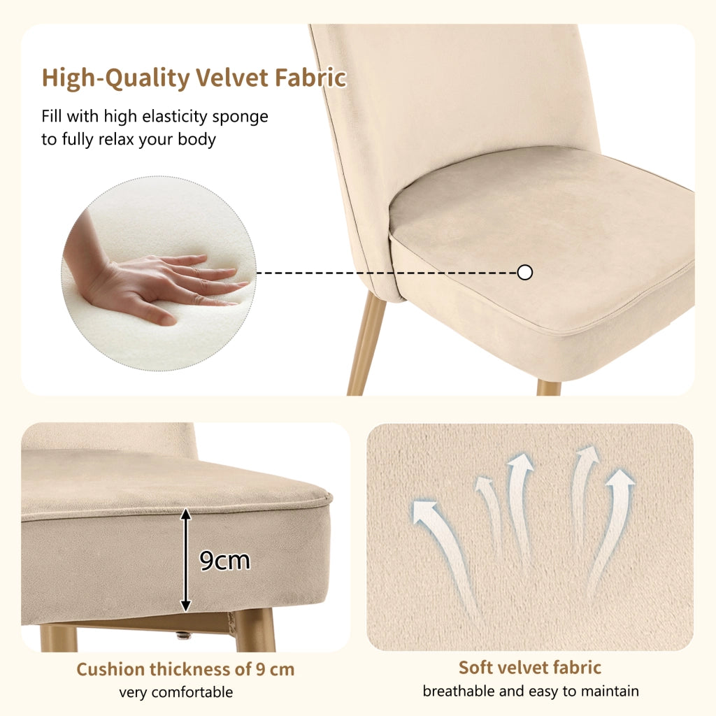Sedie da sala da pranzo in velluto con schienale ergonomico, gambe in metallo dorato e piedini antiscivolo beige