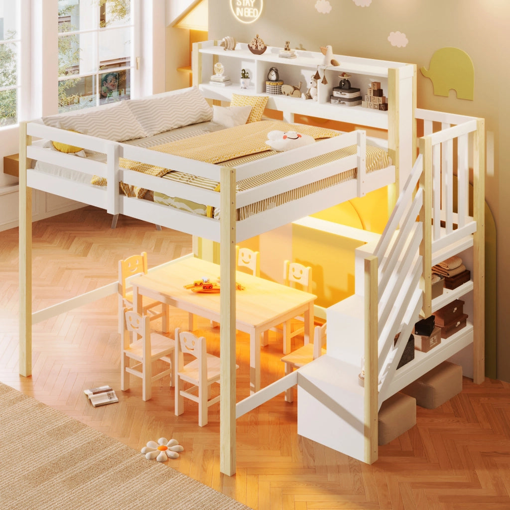 LETTO a soppalco 140x200 cm con LED, scala contenitore, bianco e naturale