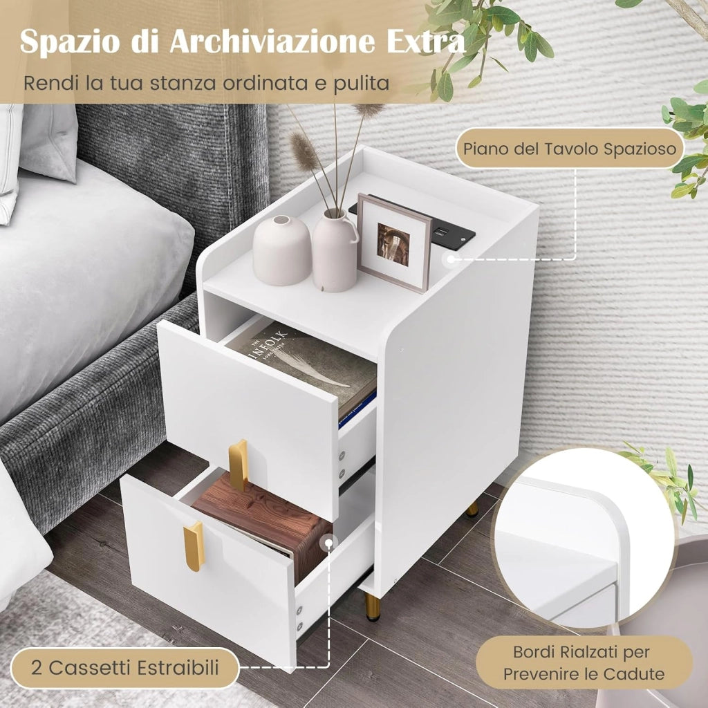 Comodino con Stazione di Ricarica, Comodino con 2 Cassetti, 2 Porte USB e 3 Prese, Tavolino Leterale con Gambe in Metallo, Portata Tolate 20 kg, 32 x 40 x 60 cm (2, Bianco)