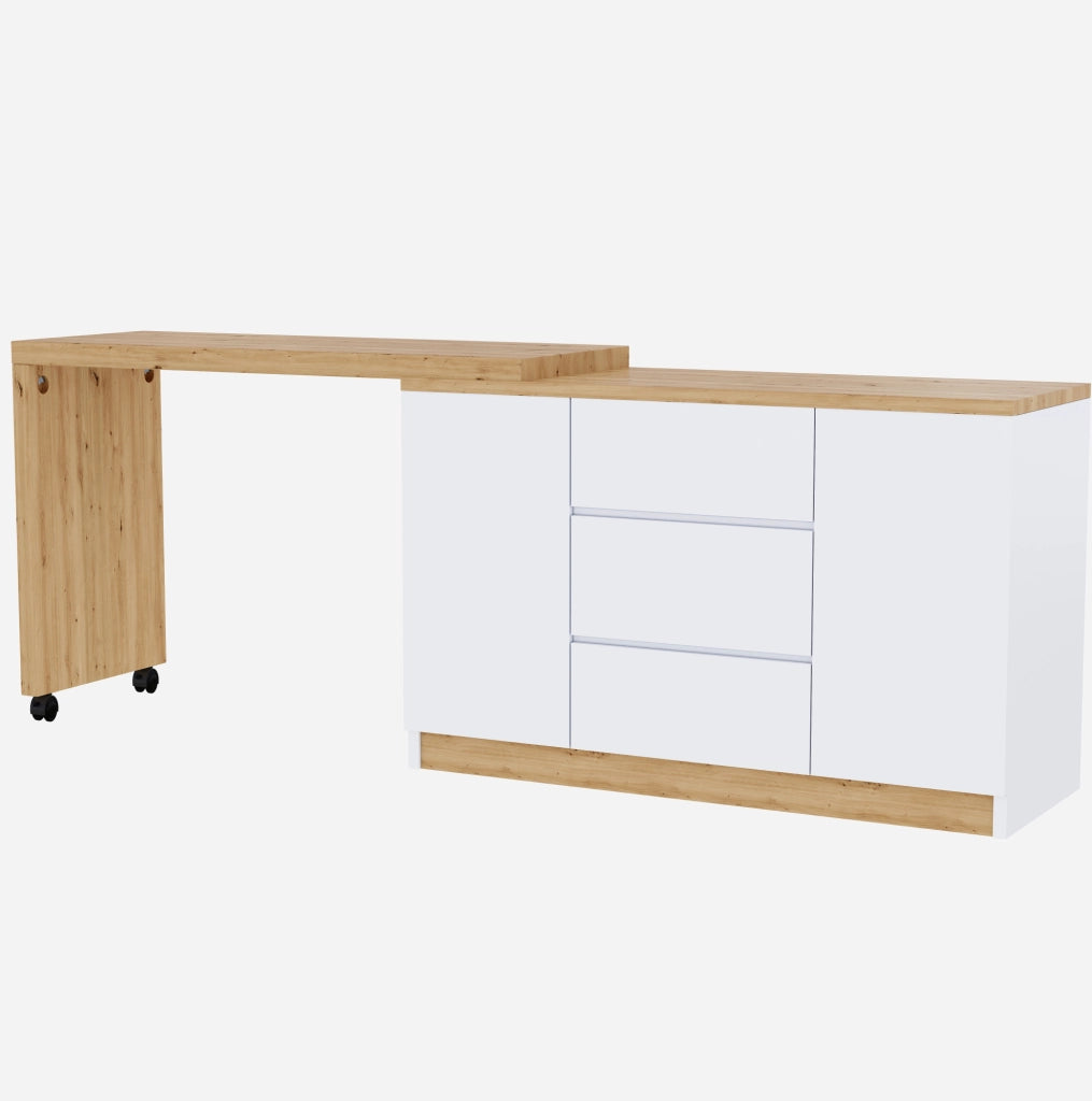 Scrivania 120x50x76.5 cm girevole e pieghevole con contenitore in pannello truciolare bianco e rovere