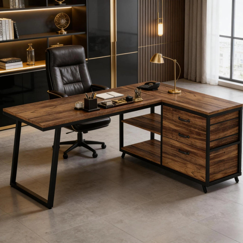 Scrivania angolare ULEVR reversibile 134x50 cm con 3 cassetti e 2 ripiani, marrone rustico e nero