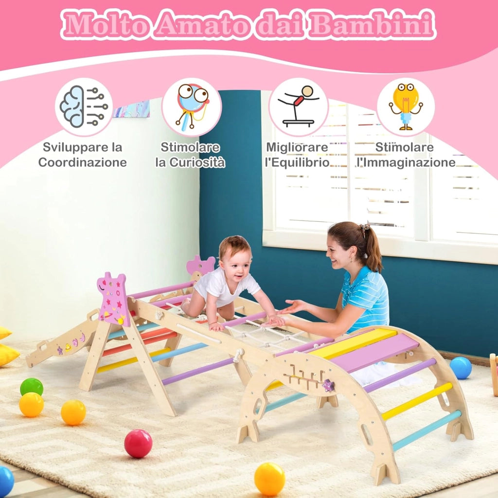 8 in 1 Set da Arrampicata per Bambini, Giocattoli da Arrampicata Pieghevoli con Triangolo Arco e Rampa, Giochi Montessori per Bambini 1 Anni + (Unicorno 4 pezzi, Macaron)