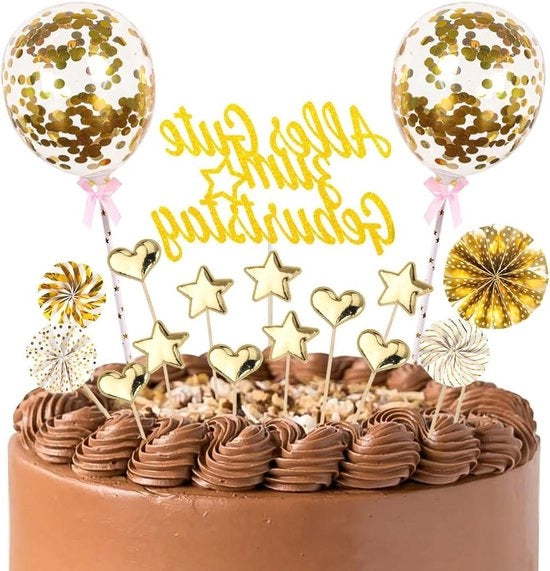 Decorazione per torta di compleanno - Torta di compleanno con glitter dorato e decorazione di compleanno con stelle e palloncini.