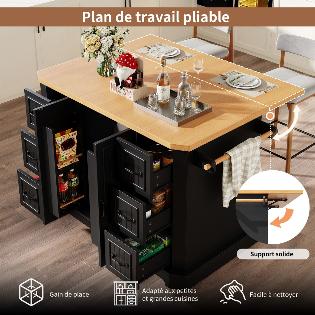 Carrello da Cucina con 2 Ante e 6 Cassetti; con Ruote; per Cucina; in MDF e Metallo; Nero; 120×45×91 cm