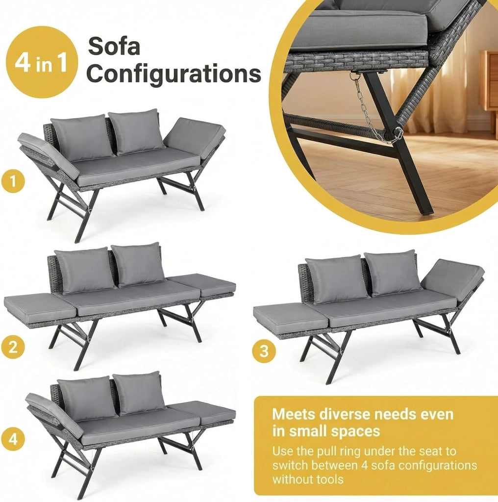 Panchina da giardino in polyrattan con funzione sdraio, 2 posti, divano da giardino in rattan con braccioli regolabili, terrazzo, divano da balcone resistente alle intemperie, colore: grigio