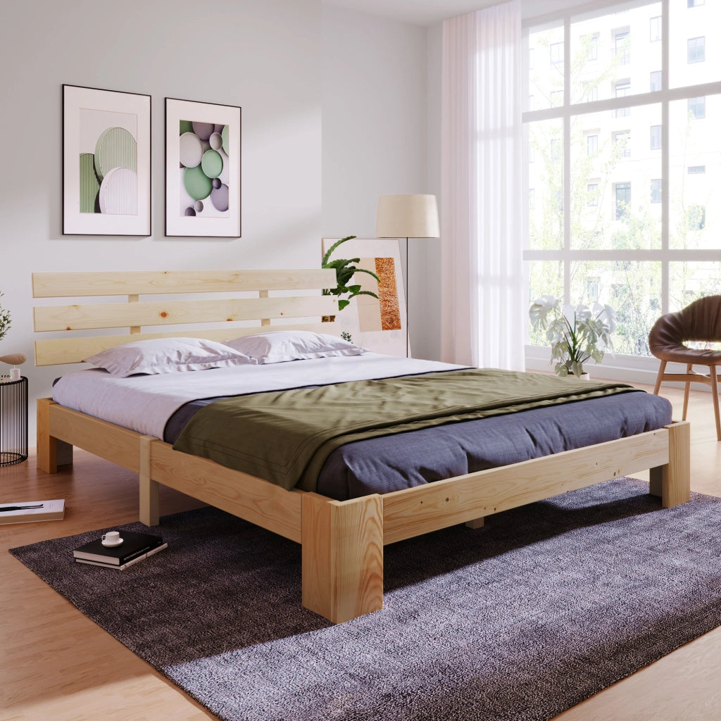 Letto matrimoniale in legno massello 140x200 cm con rete a doghe, colore naturale