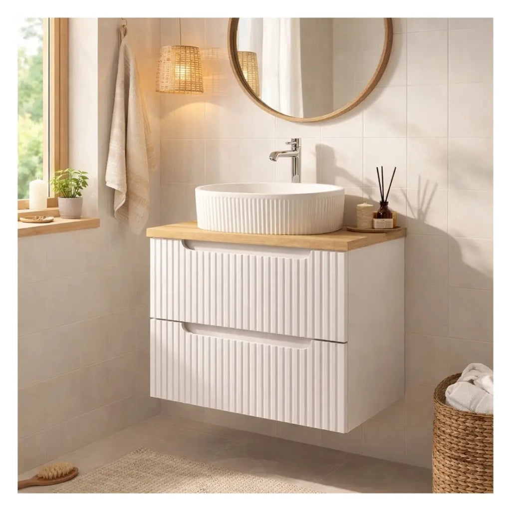 Set bagno sospeso VANO bianco 60cm: mobile sotto lavabo con cassetti + piano per lavabo effetto rovere chiaro