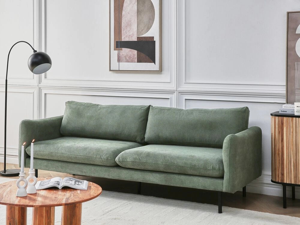 Divano moderno a 3 posti in tessuto di ciniglia verde chiaro sedile imbottito gambe nere Stile Retrò Moderno