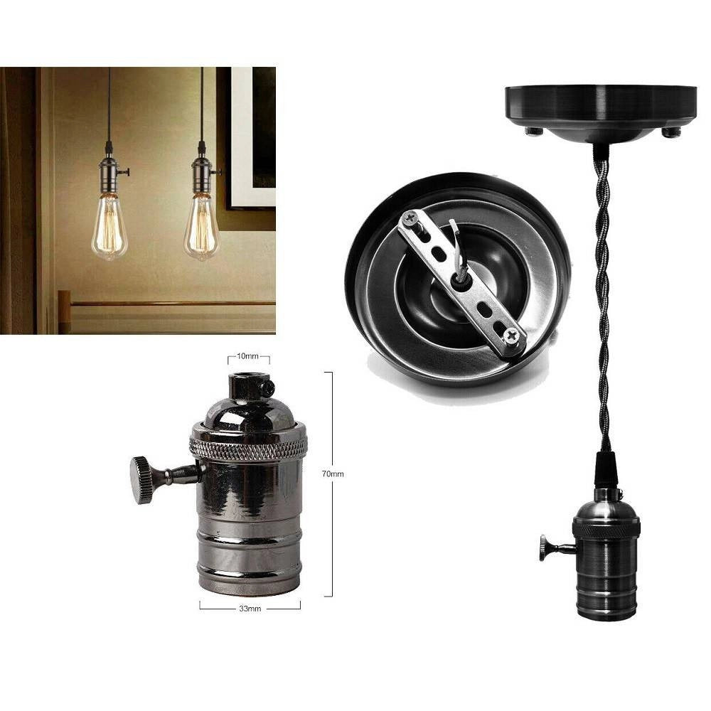 Trade Shop - Lampadario Pendente Vintage Da Soffitto Sospensione E27 Con Interruttore Nero Metal -