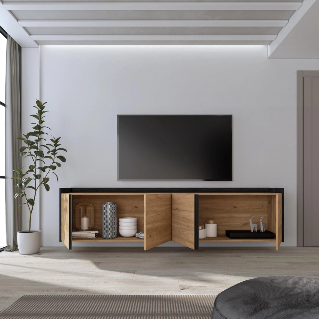 Mobile TV Soggiorno, 207x50x35 cm, Per TV fino a 80", Sospeso, da appendere, Rovere e nero