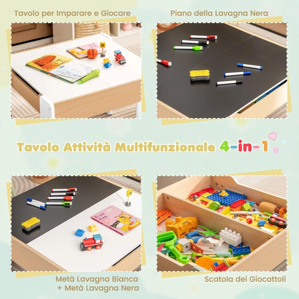3 in 1 Set Tavolo e Sedie per Bambini, Tavolo da Attività per Bambini con 2 Sedie, Lavagna Rimovibile e Deposito, per Giocare, Disegnare e Leggere, in Legno (Multicolori)