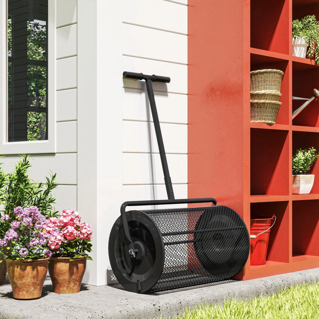 Carrello Spandiconcime da 75L 70x40x112 cm con Manico Regolabile a T in Metallo Nero