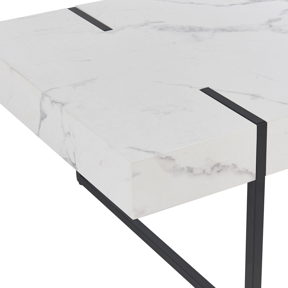 Tavolino Bianco con MDF Nero Metallo 100 x 60 cm Gambe da Tavolo Effetto Marmo Rettangolare Stile Moderno