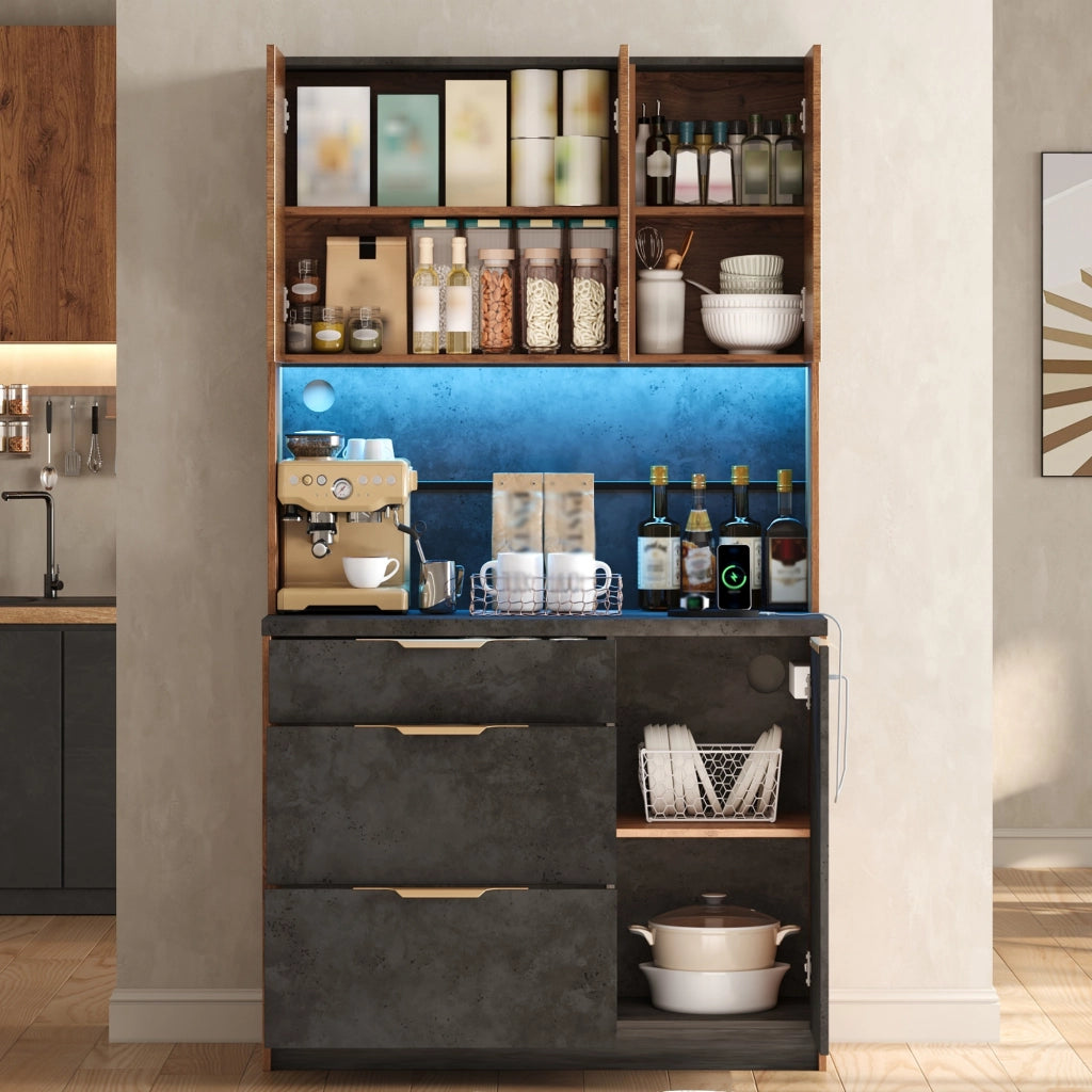 Mobile dispensa con LED RGB e prese integrate; ripiani regolabili e cassetti in MDF naturale 100 × 40 × 180 cm