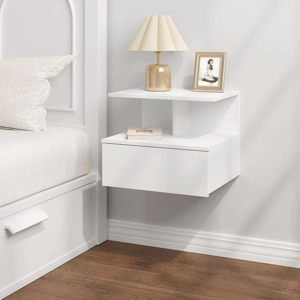 Set di 2 Comodino Sospeso, Comodino per Camera da Letto con 1 Cassetto e 1 Scomparto Aperto, Fissaggio a Parete, Mobiletto per Cameretta Moderno, in Legno,40x35x31cm, Bianco, NTS03ws-2