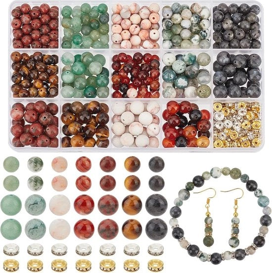 Set di 520 pezzi di perle naturali per gioielleria - 14 stili di perle tonde 6/8 mm e perle di alluminio a distanza