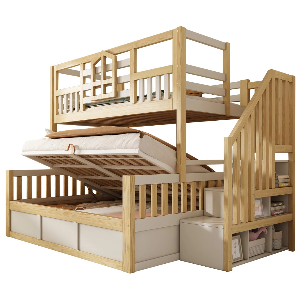 Letto a castello per bambini, 90/140 x 200 cm, con sponde di protezione e spazio contenitivo, bianco e color legno