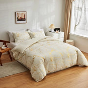 Set da letto 135 x 200 cm, 2 pezzi, 1 copriletto 135 x 200 cm e 1 cuscino 80 x 80 cm, microfibra, bianco, oro, marmo glitter per signora e signore, letto singolo con chiusura a zip, anti-cresta