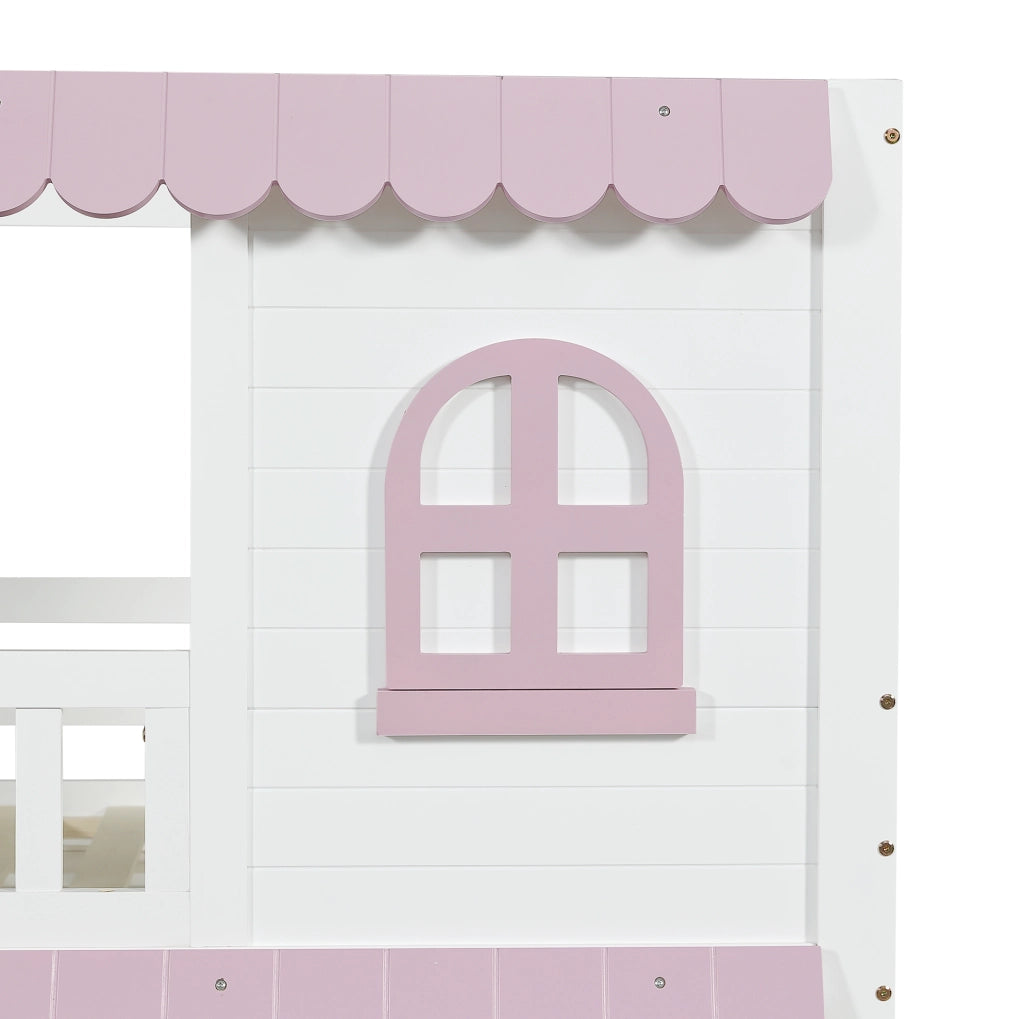 Letto a castello 90x200 cm con cassetti; ripiani e scala in legno bianco e rosa