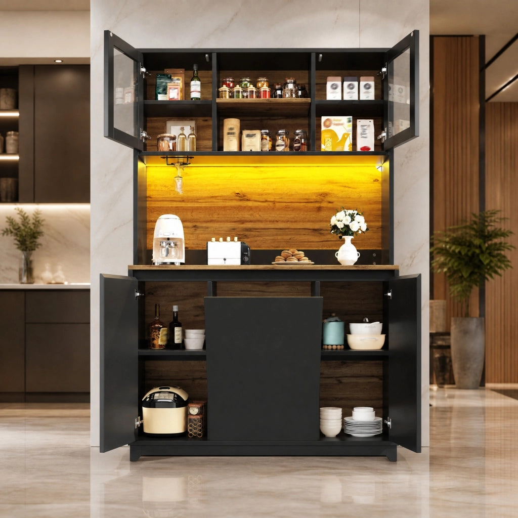 Mobile da cucina nero con LED, ante acriliche e vano rifiuti