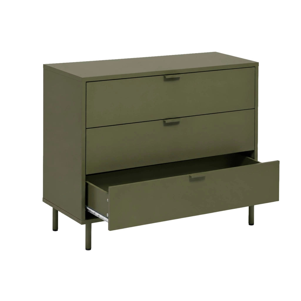Cassettiera decorativa in legno e metallo 3 cassetti, verde kaki