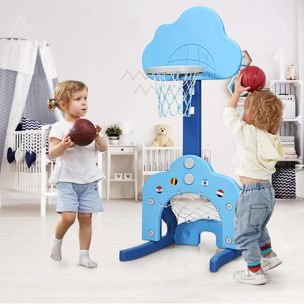 Canestro da basket 3 in 1 con 5 altezze regolabili, Canestro da basket e gioco del golf per bambini Blu