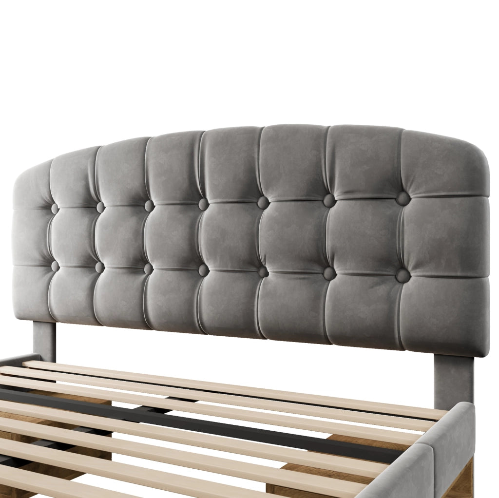 Letto imbottito 140x200 cm con testiera regolabile; cassetti e vani; velluto grigio