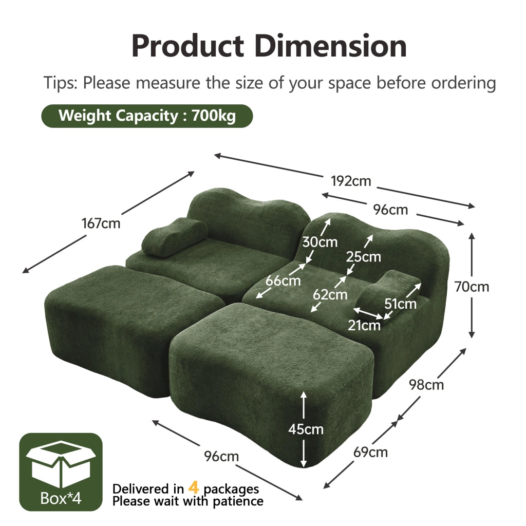 Canapé modulaire 2 posti con pouf collegabili, seduta profonda e schiuma ad alta densità per soggiorno in velluto verde