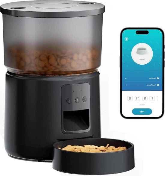 Dispensatore di Cibo per Gatti 5G/2.4G WiFi - App di Connettività - Ricaricatore Remoto - 1-10 Pasti al Giorno - Funzione di Registrazione - Doppia Alimentazione - 3L
