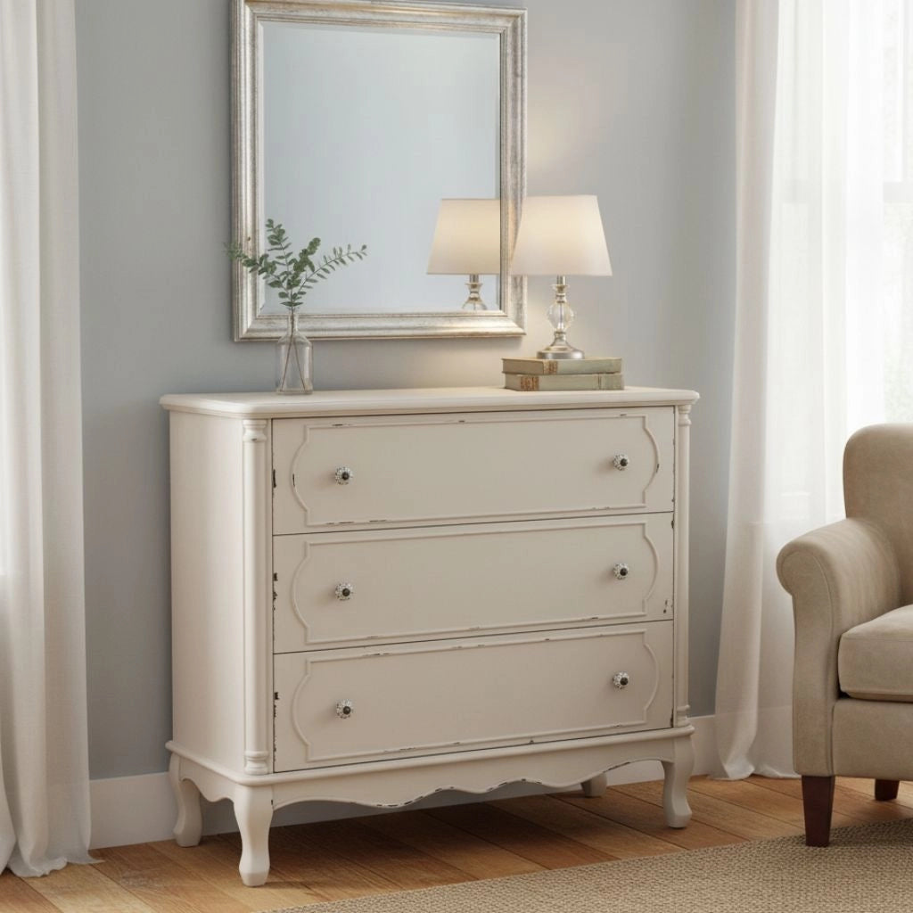 Comò in legno bianco invecchiato con 3 cassetti 100x38x86,5h cm
