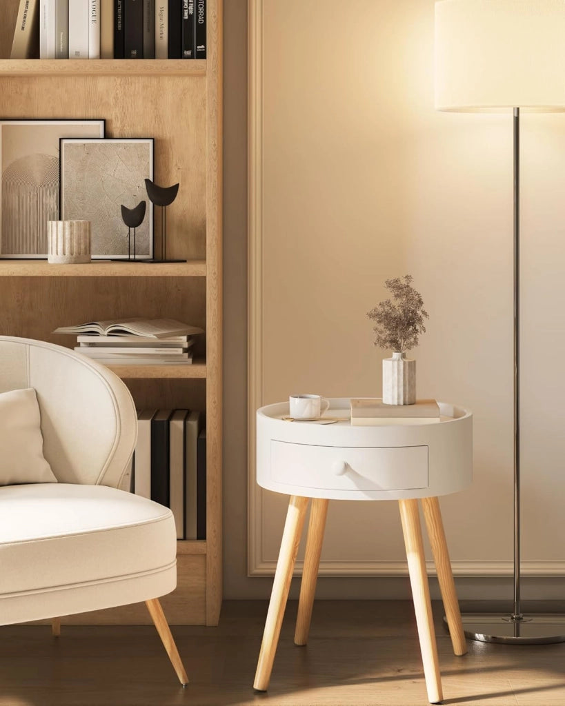 Set di 2 Comodini per Camera da Letto Comodino Rotondo con Cassetto Tavolino da Salotto in Legno Bianco TS111ws-2