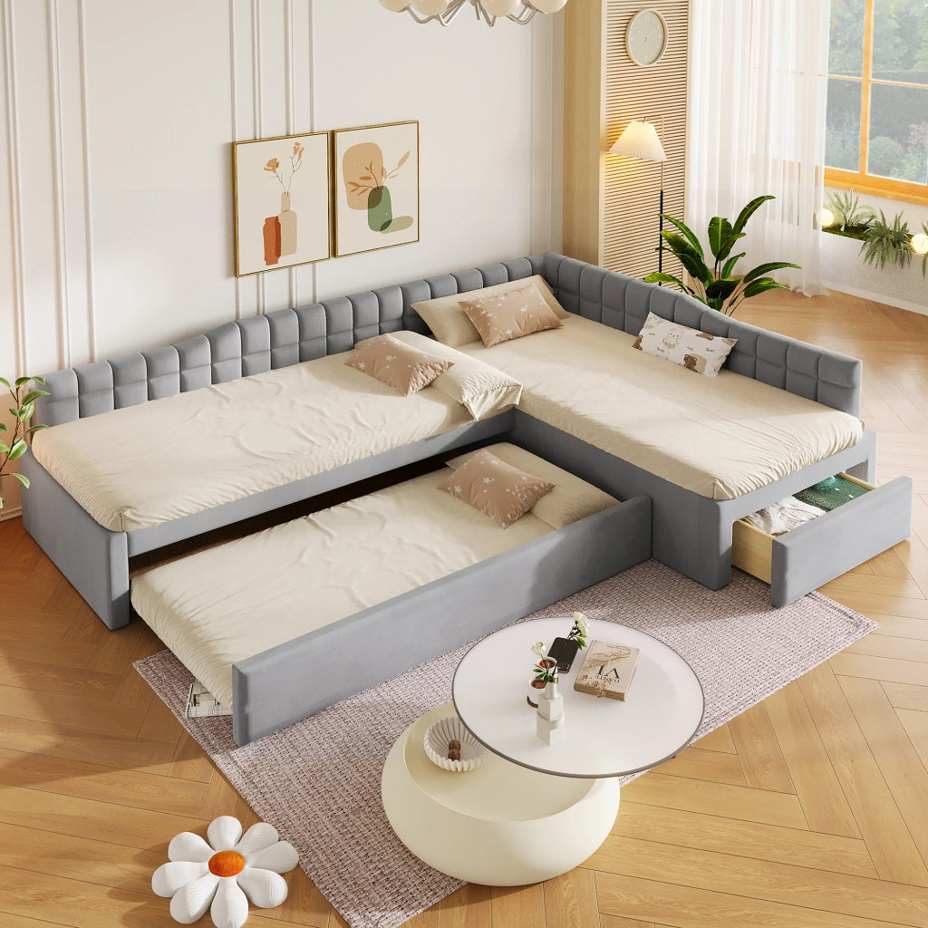 Letto combinato a L 90 × 200 cm con letto estraibile, 2 cassetti, senza materasso, in flanella grigio