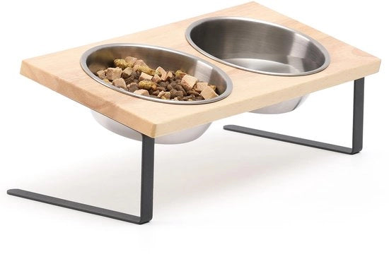 Veranda per animali con ciotola inclinata a 15°, ciotola per cibo di alta qualità in acciaio inossidabile e legno di gomma, set di ciotola per animali