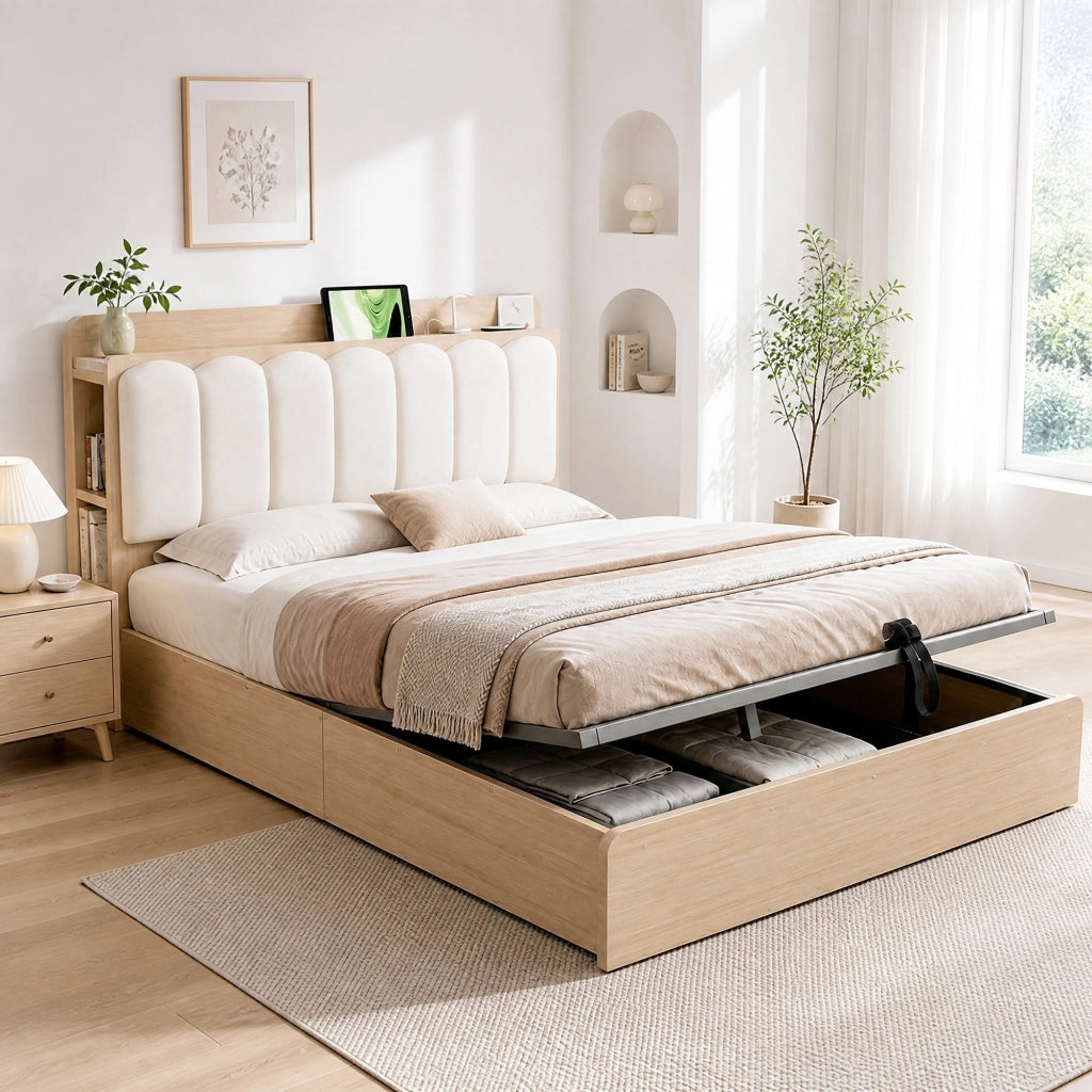 LETTO contenitore idraulico 140x200 cm in legno colore naturale con USB