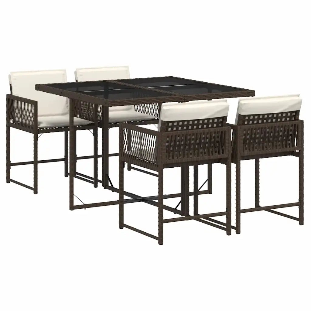 Set da Pranzo da Giardino 5pz con Cuscini in Polyrattan Marrone