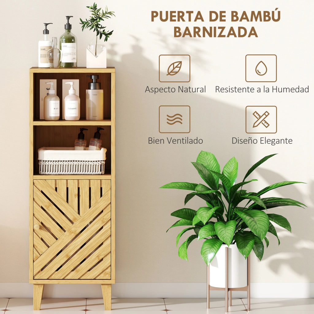 Armadietto Bagno Stretto con 2 Ripiani Aperti e Anta ¨C Minimal ¨C Legno Bamb¨´ 32x30x90 cm Natural