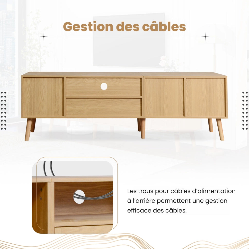 Mobile TV con 2 Ante; 1 Cassetto e 3 Vani Aperti; con Gestione Cavi; in Pannello Truciolare; 180¡Á40¡Á55 cm; Rovere