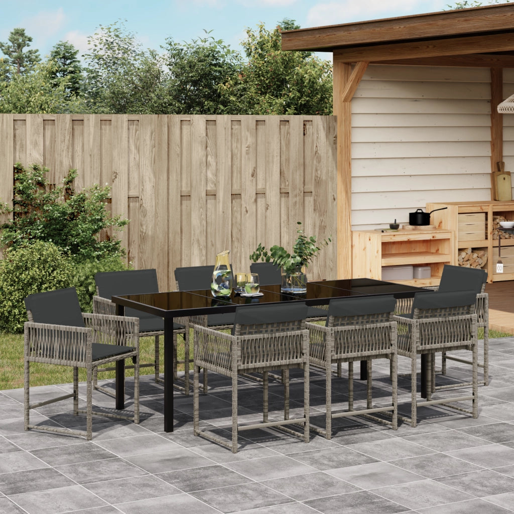 Set da Pranzo da Giardino 9 Pezzi con Cuscini Grigi in Rattan
