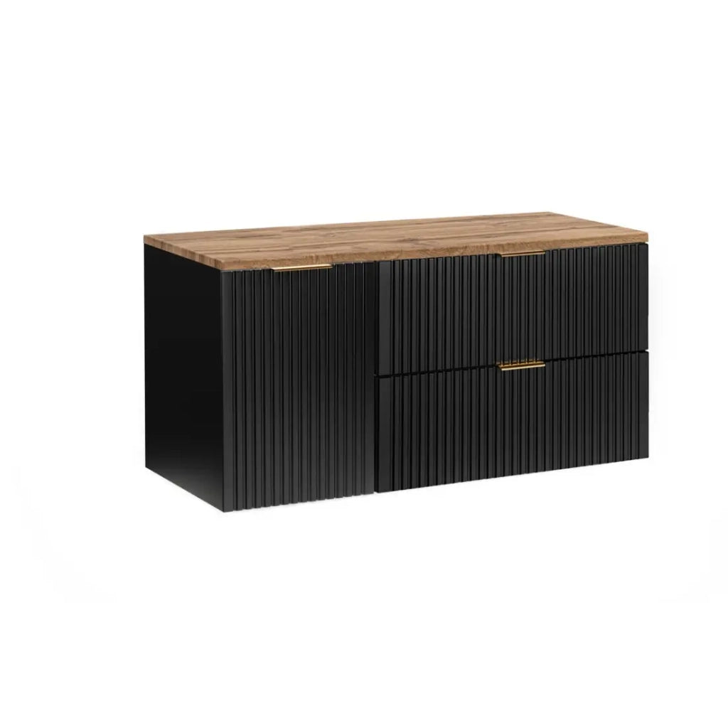 Mobile sottolavabo NOXERA 120 cm – Nero opaco & rovere – 2 cassetti + cesto per la biancheria + piano per lavabo