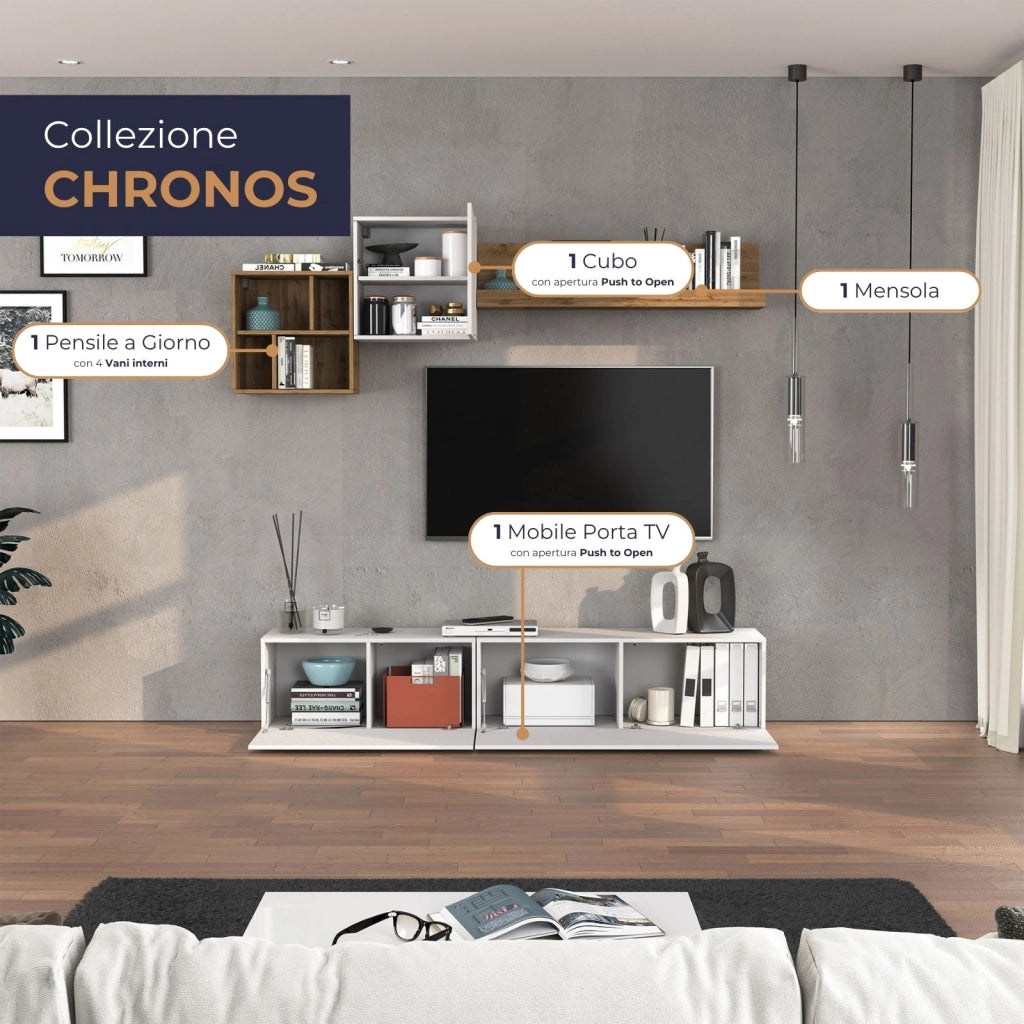 WHOUS Parete attrezzata Chronos set soggiorno bianco lucido e rovere 180/260x40 cm