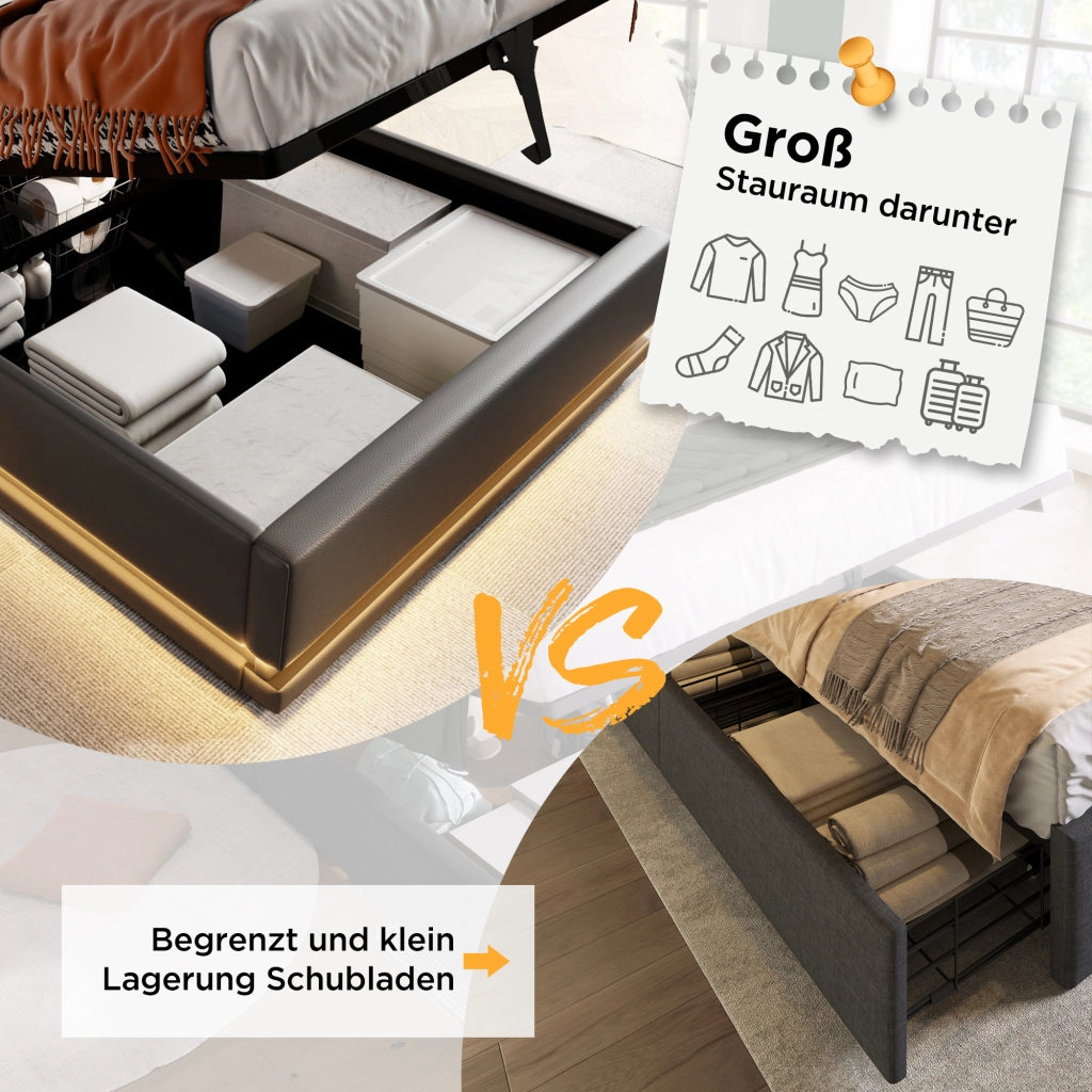 LETTO contenitore 90x200 cm PU nero con USB Type-C e LED a 3 lati