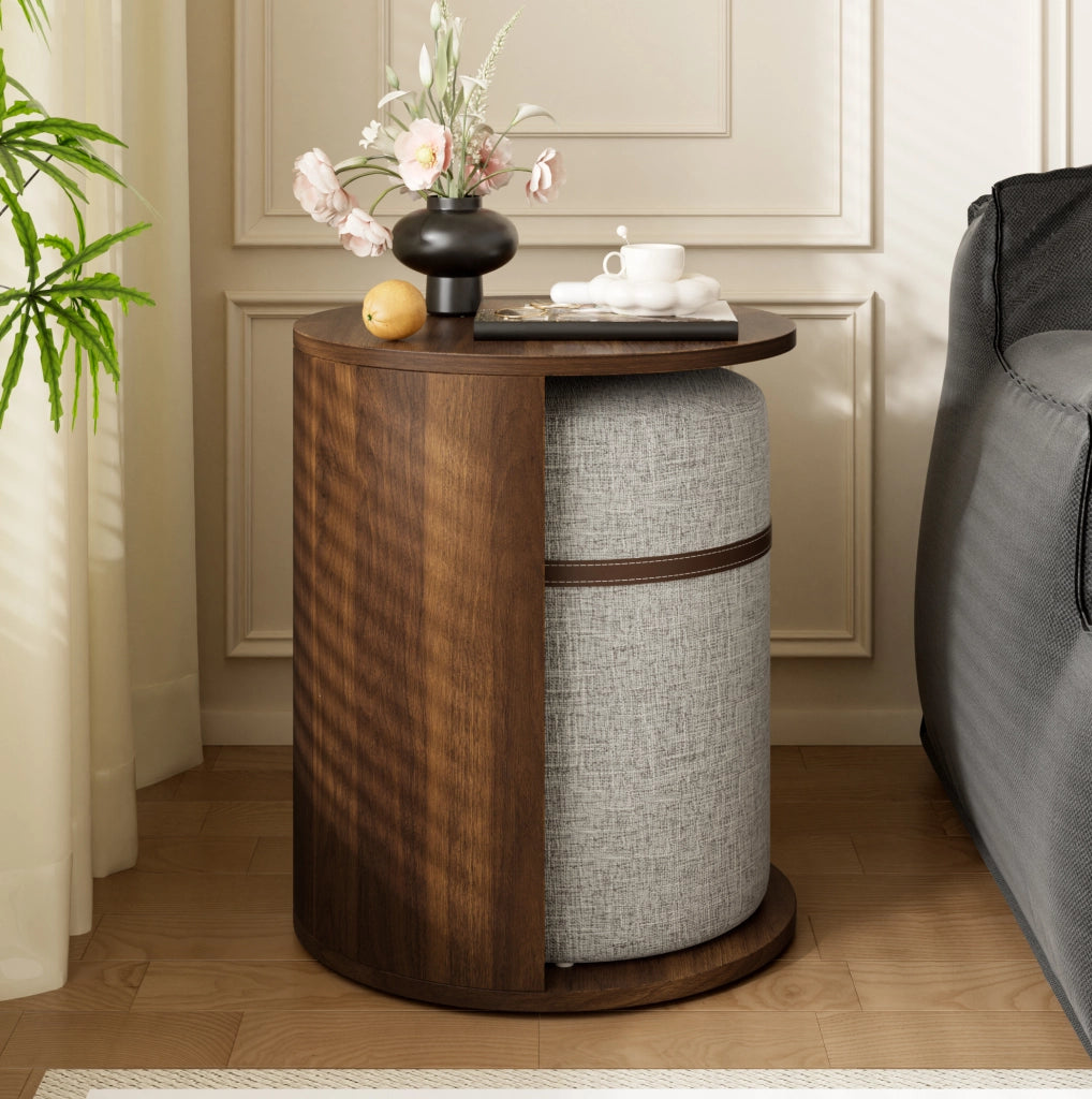 Tavolino rotondo con pouf integrato 38x38x47;5 cm in MDF e legno di pino; noce