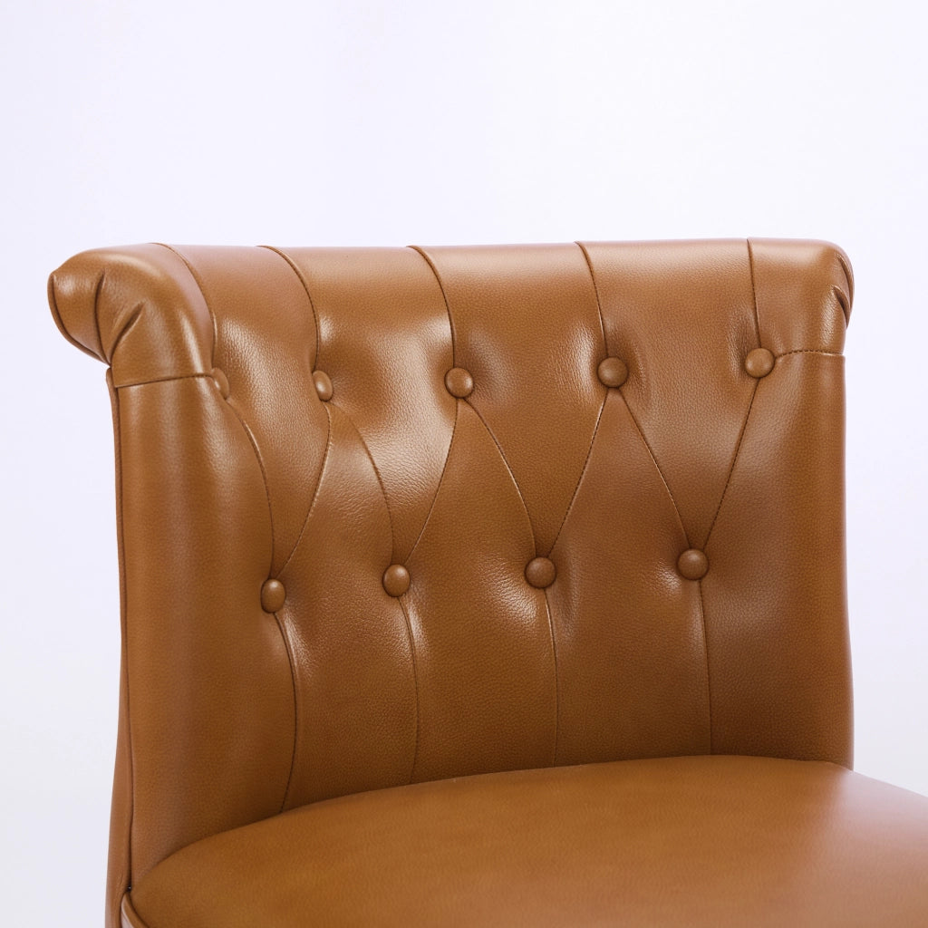 Sedia da Pranzo con Schienale Capitonné e Struttura Stabile, in Pelle e Legno, Marrone Chiaro