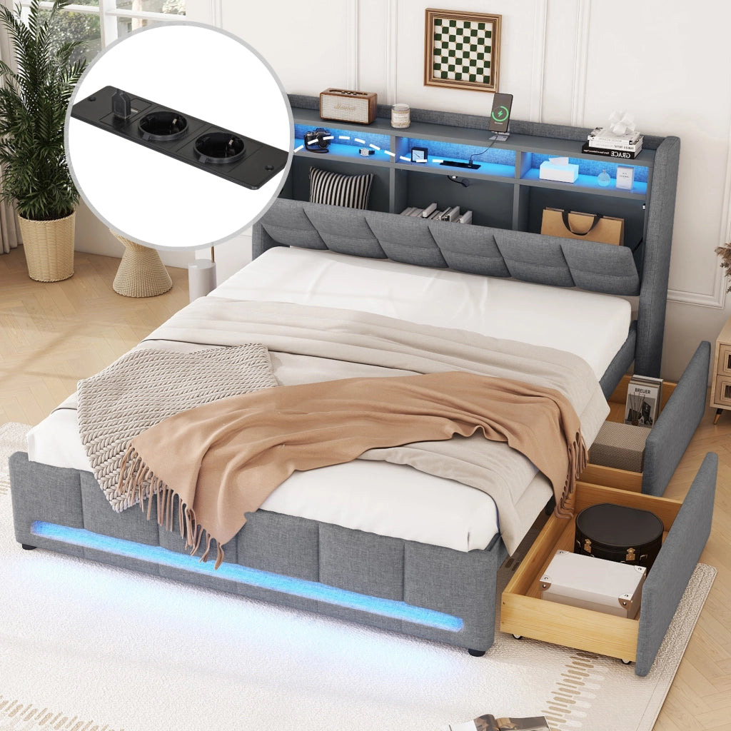 OKWISH Letto con Cassetti 140×200 cm, Letto Matrimoniale con LED Regolabile, USB e Contenitore, senza Materasso, in Lino, Grigio