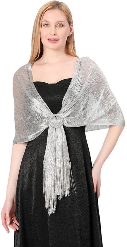 Sfida in argento per capelli, scialle piatto/scialle per sposa, damigella d'onore, gala, festa, abito da sposa o abito con fermaglio (45 x 160 cm)
