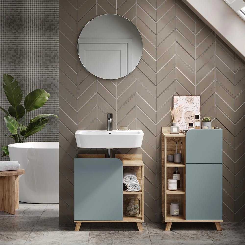 Mobiletto bagno Karen, Sonoma/blu, 50 x 90 cm con anta e cassetto, adatto per la conservazione di articoli da bagno e asciugamani
